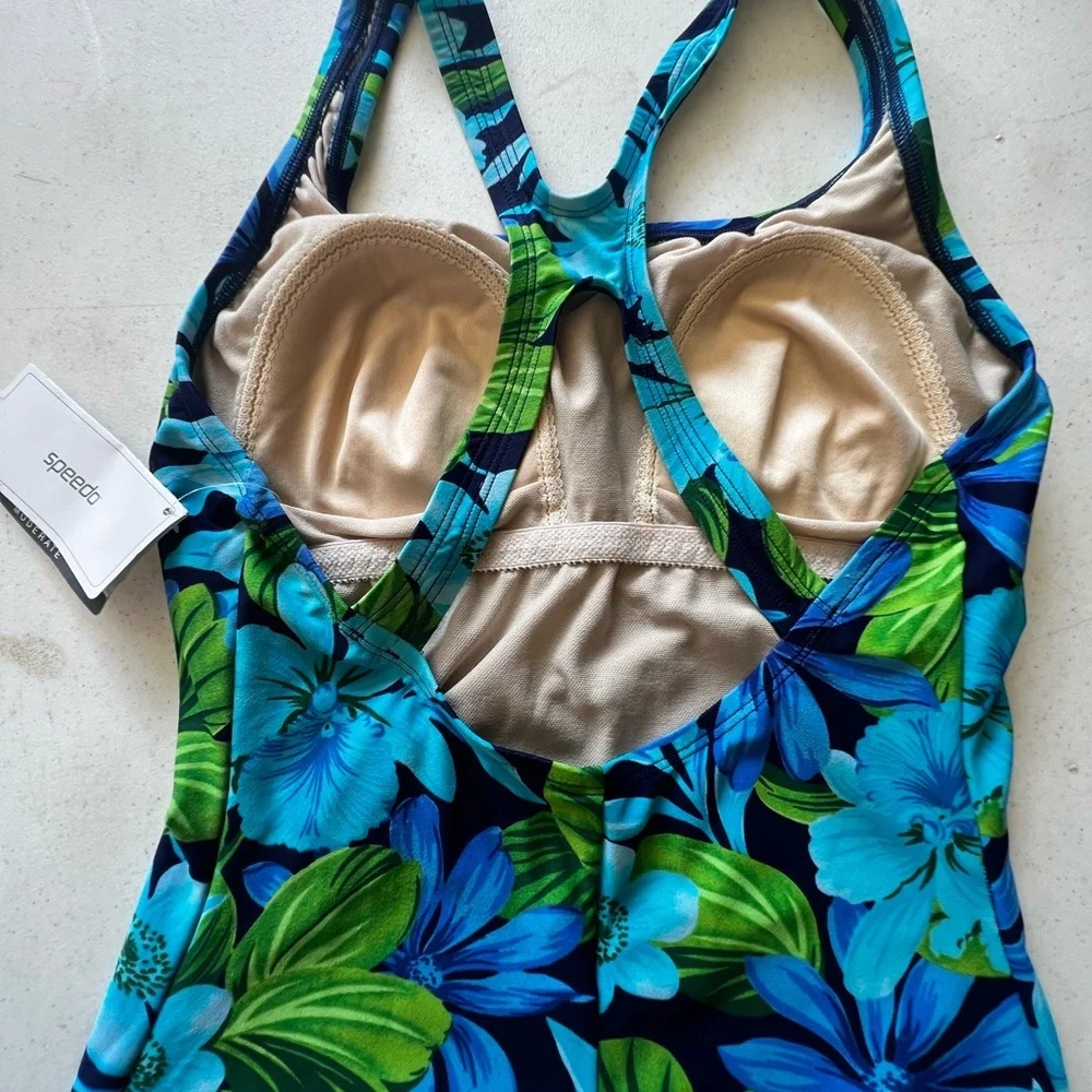 SPEEDO WOMAN’S SIZE 12 BLUE & GREEN FLORAL ONE-PIECE SWIMSUIT.  NWT  NOT PADDED
